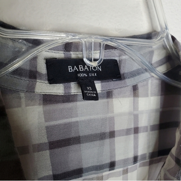 Aritzia Babaton Darien Gray Plaid Print Silk Button Front Long Sleeve Blouse Top - Picture 7 of 9